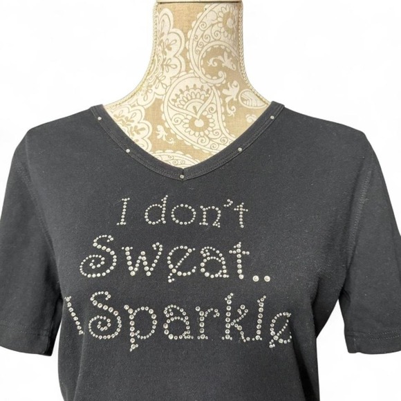 Get Lucky USA Black Rhinestone Slogan Tee Women's Medium Y2K Sparkle Graphic - Picture 2 of 5